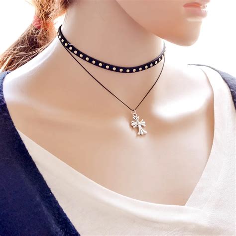 Korean Lace Necklace Double Cross Pendant Necklace In Pendant Necklaces