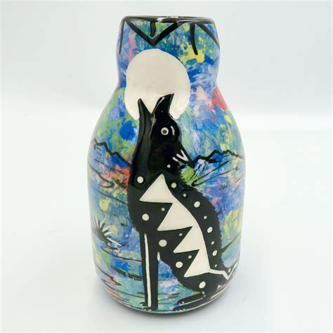 Bottle Vase With Coyote On Blue Mana Pottery