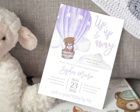 Teddy Bear Hot Air Balloon Baby Shower Invitation Template Up Up And
