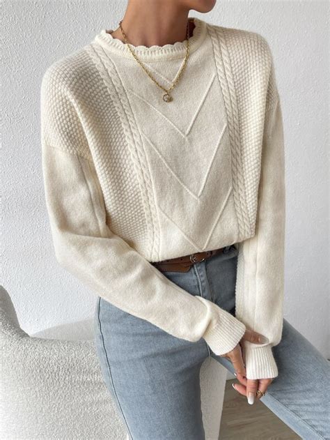 SHEIN Essnce Cable Knit Drop Shoulder Sweater SHEIN USA