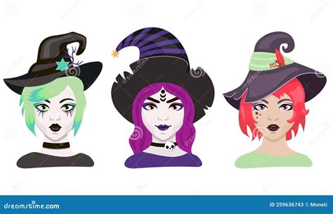 Halloween Cartoon Witches Vector Set Witch Wearing Typical Witch Hat