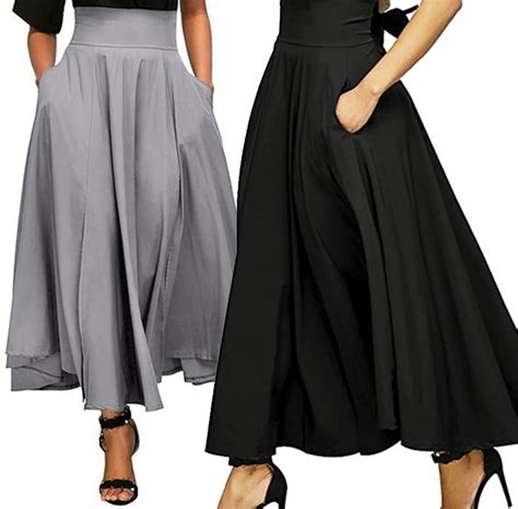 Women High Waist Long Skirt Pleated A Line Front Slit Belted Maxi Skirt