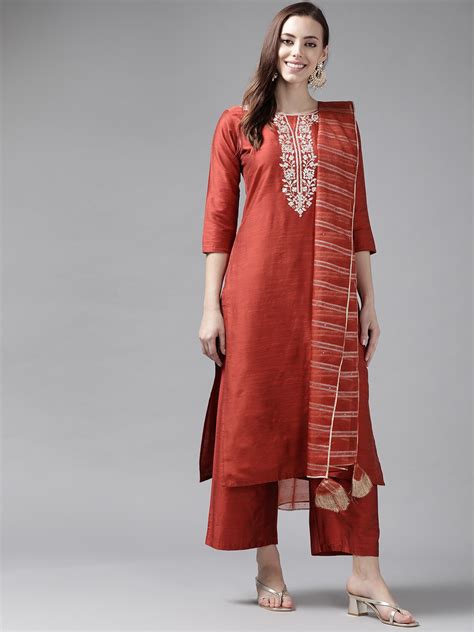 Buy Indo Era Women Orange Floral Yoke Design Chanderi Silk Kurta With