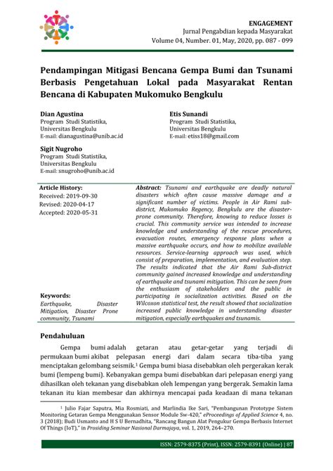 Pdf Peningkatan Pengetahuan Mitigasi Bencana Gempa Bumi Dan Tsunami