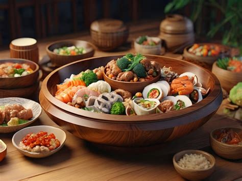 Premium Photo Dinner Dishes A Wooden Bowl Filled With Different Types