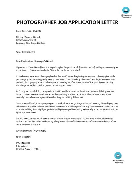 Photographer Cover Letter Templates At Allbusinesstemplates