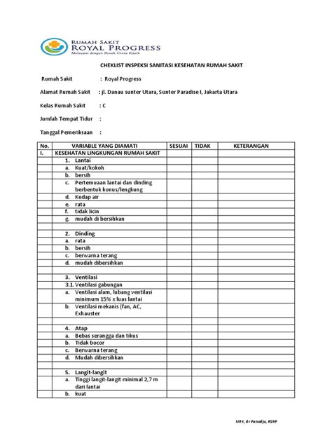 Cheklist Inspeksi Sanitasi Kesehatan Rumah Sakit Pdf