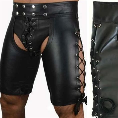 2018 Black Sexy Tight Skinny Mens Leather Shorts Buttons And Bandage