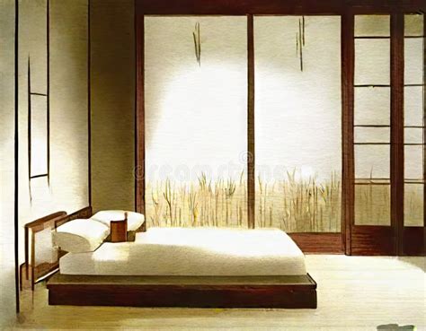 Watercolor of a Traditional Japanese Style Modern Bedroom Stock Illustration - Illustration of ...