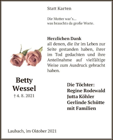 Traueranzeigen Von Betty Wessel Trauer Hna De