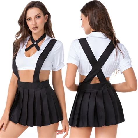 Women Sexy Suspender Mini Pleated Skirt With Top Set Cosplay Lingerie