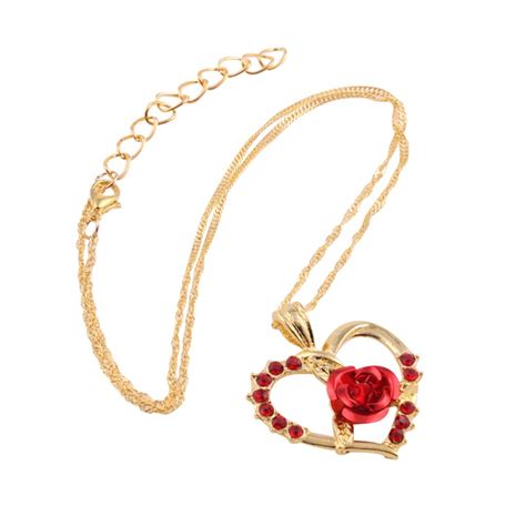 Collier Zircon Roses Rouges Pendentif En Forme De Coeur