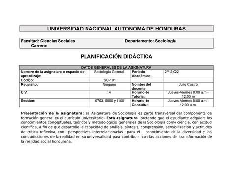 Planificacion Didáctica Universidad Nacional Autonoma De Honduras Facultad Ciencias Sociales