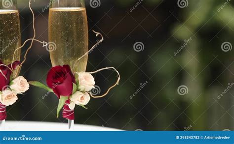 Decorated Champagne Flutes With Roses Bubbles Rise In Sparkling Wine Elegant Toast Celebrate