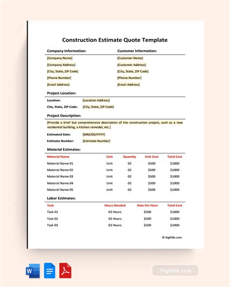 Construction Estimate Quote Template - Word | PDF | Google Docs - Highfile