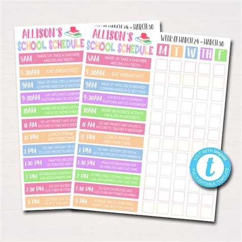 Home School Schedule Daily Weekly Subject Checklist Homework