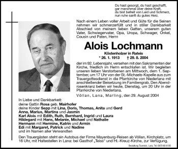 Traueranzeigen Von Alois Lochmann Trauer Bz