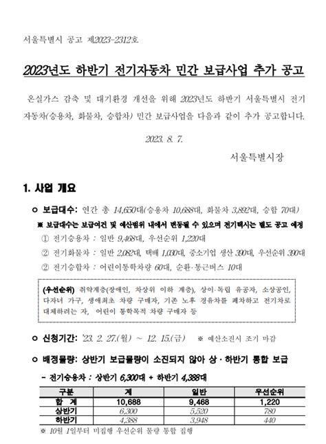 서울특별시 2023년도 하반기 전기자동차 민간 보급사업 추가 공고 공지사항 서울특별시자동차대여사업조합