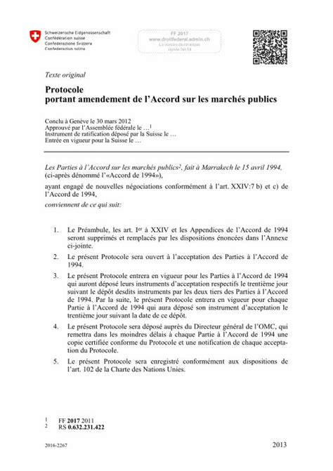 Pdf Protocole Portant Amendement De Laccord Sur Les Faire L