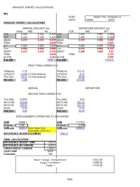 Draught Survey Calculation Download Free Pdf Naval Architecture