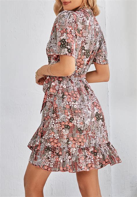 Floral Print Ruffle Hem Wrap Dress For Women Above Knee Length Anna Kaci