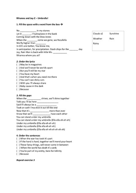 Song Worksheet: Umbrella by Rihanna and Jay-Z