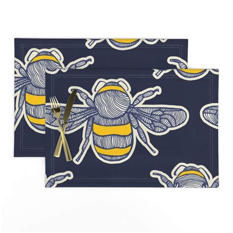 Bee Placemats Set Of 2 Bumblebee Buz Navy By Etsy