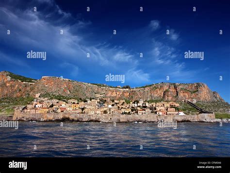 Impressive View Of The Medieval Castletown Of Monemvasia From The Sea