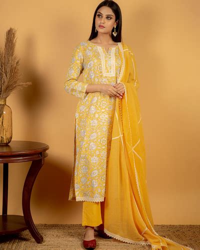 Yellow Printed Cotton Kurta With Pants And Dupatta Set Of Three By