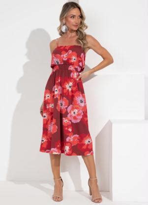 Vestido Floral Vermelho Decote Reto Franzido Soulojista