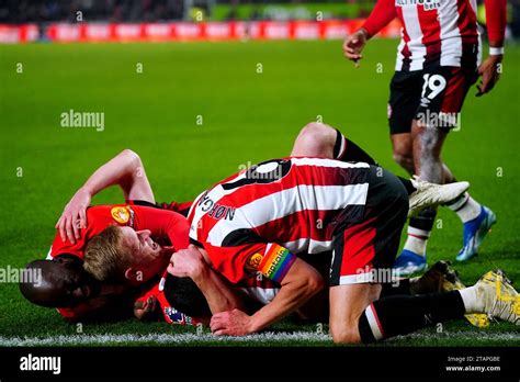 Brentford S Ben Mee Centre Celebrates With His Team Mates After