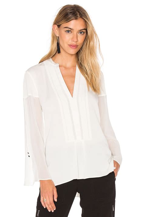 Halston Heritage Deep V Sheer Sleeve Top In Chalk Revolve