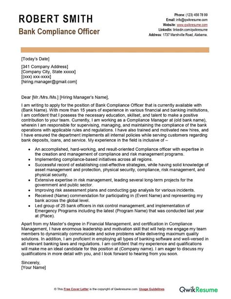 Bank Compliance Officer Cover Letter Examples QwikResume