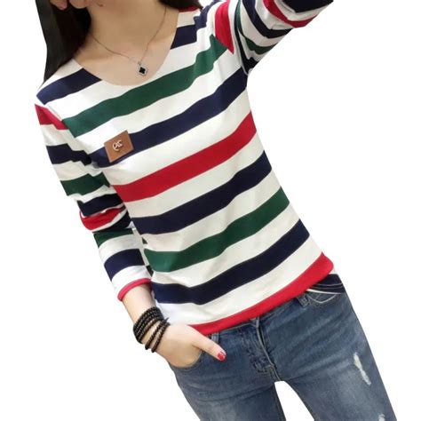 Camiseta Listrada De Manga Comprida Feminina Blusas Slim Fit Pul Ver