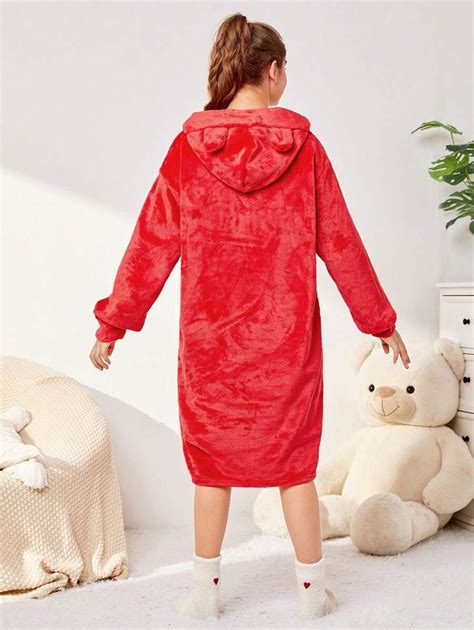 Teen Girl Drop Shoulder Hooded Flannel Nightdress Shein Usa