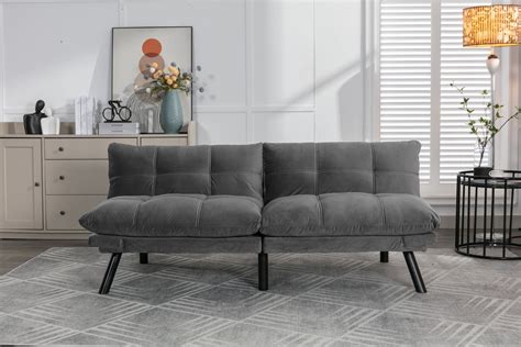 Modern Velvet Upholstered 2 Seater Futon Sofa Bed With Adjustable Arms