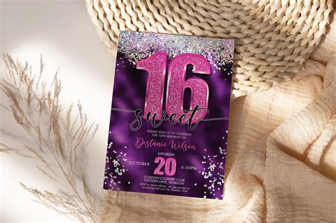 Sweet 16 Pink Glitter Number Party Invitation Printable Template Holographic Glitter Purple