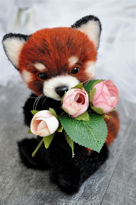 Red Panda Teddy With A Bouquet Of Rose Flowers Realistic Cute Handmade