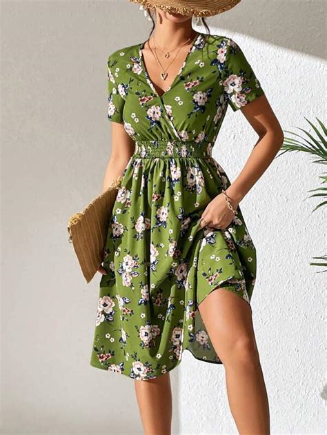 SHEIN VCAY Floral Print Surplice Neck Shirred Detail Dress SHEIN USA