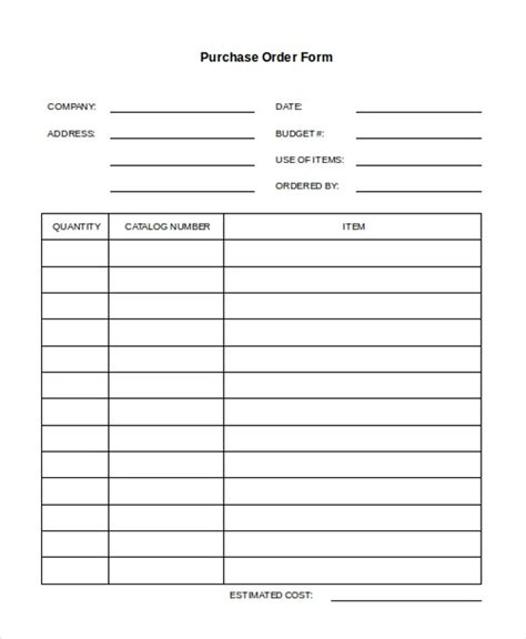 Printable Blank Purchase Order Form