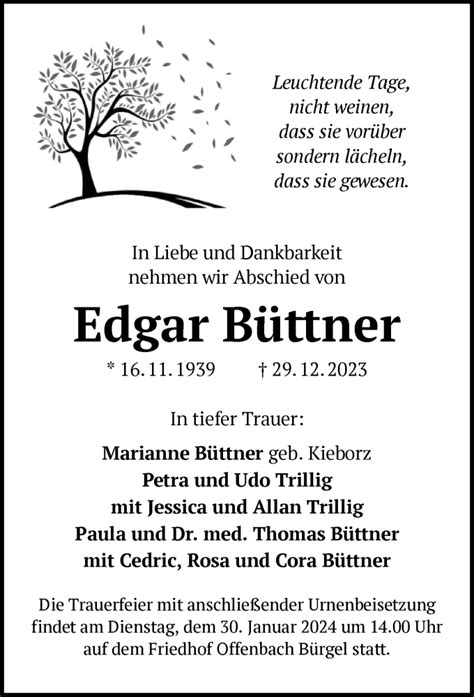 Traueranzeigen von Edgar Büttner trauer op online de