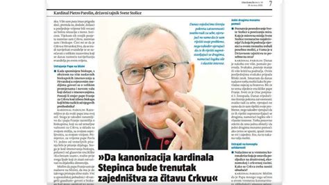 Kardinal Parolin Kanonizacija Kardinala Stepinca Mora Biti Trenutak