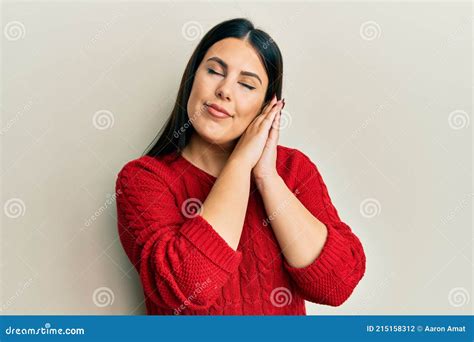 Beautiful Brunette Woman Wearing Wool Winter Sweater Sleeping Tired