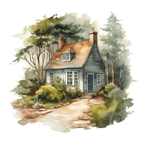 A Watercolor Painting Of A House In The Woods