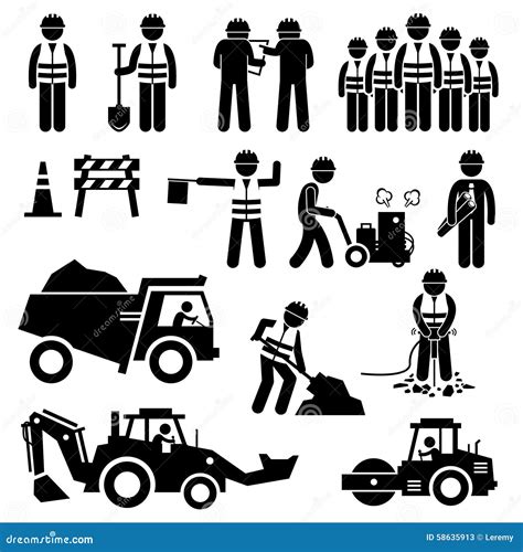 Road Construction Worker Stick Figure Pictogram Icons Stock Vector