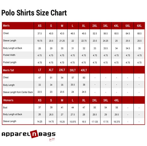 Polo Shirt Sizing Chart