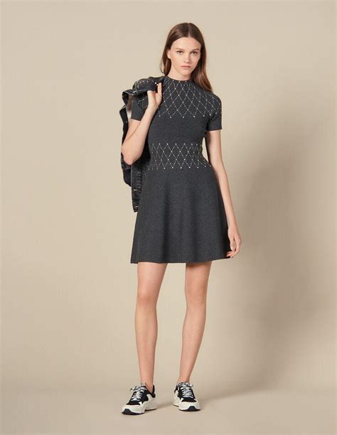 Sandro Synthetic Knit Knit Dress Trimmed With Studs In Gray Lyst