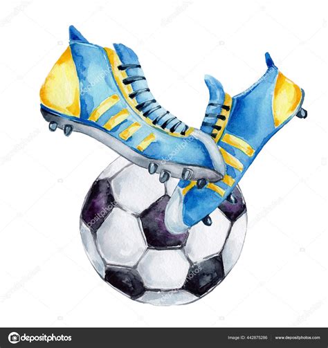 Watercolor Hand Drawn Soccer Shoes Ball Isolated White Background Stock