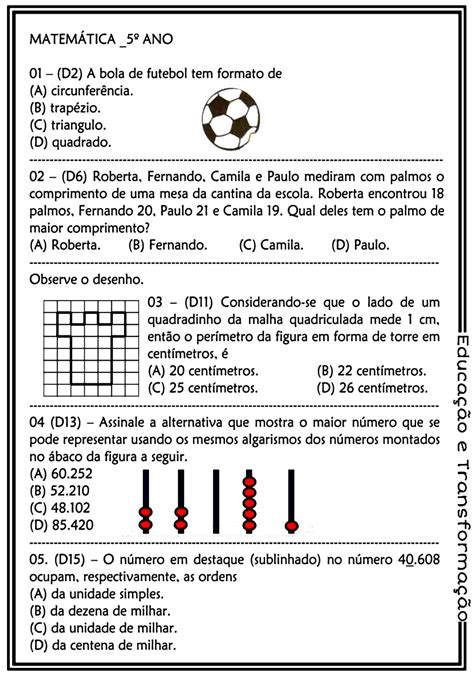 Revisão de matemática 5 ano Apostila de revisão 30 questões de