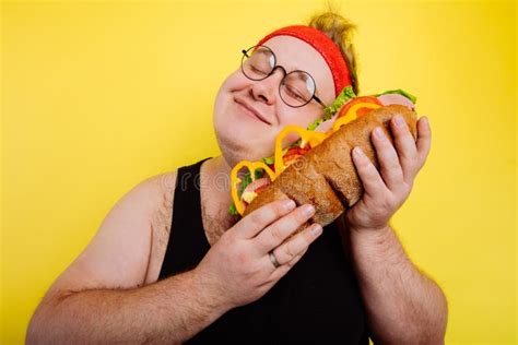 Funny Man Hugs A Huge Burger Stock Image Image Of Satisfaction Shot